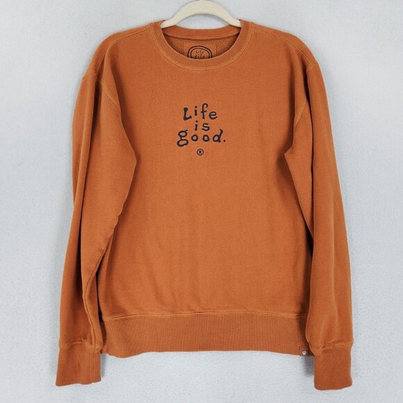 Life Is Good Sweater Mens Small Orange Crew Neck Pullover Sweatshirt Casual - Picture 1 of 11